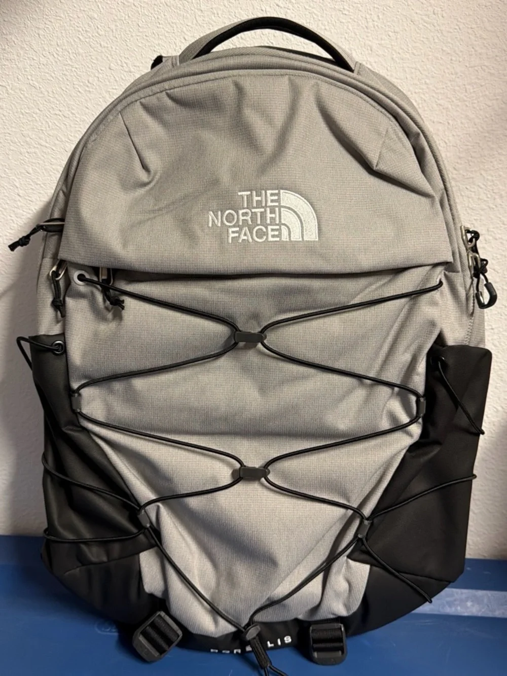 The North Face Light Gray and Black Backpack with Bungee Front